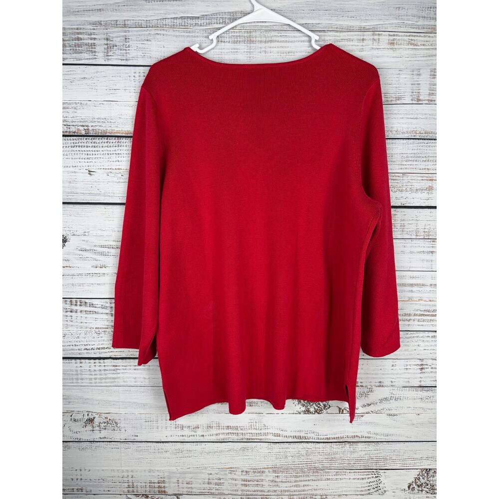Quacker Factory Red Embellished Top Large Ribbed Knit Stretch Vneck Holiday - Picture 2 of 8